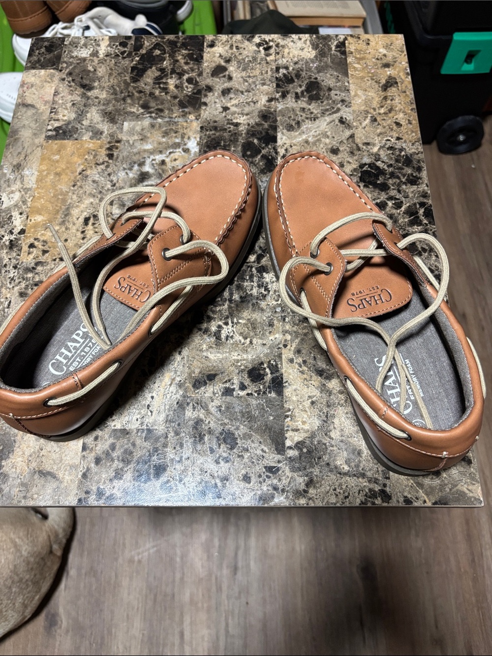 Chaps Brown Leather Boat Shoes with Tan Laces